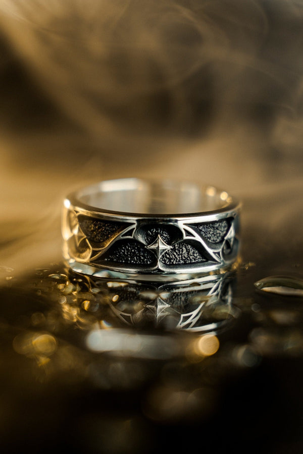 Gothic Wedding Ring Silver – Sterling Silver Medieval Band with Blackened Details | Unique Dark Romance Jewelry for Him and Her (etsy image id: 7375508410)