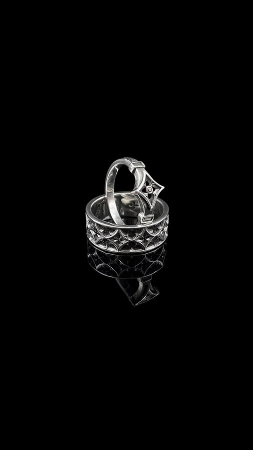 Gothic Wedding Ring Silver – Sterling Silver Band with Cathedral Design | Medieval Style Engagement Ring for Couples (etsy image id: 7423128227)