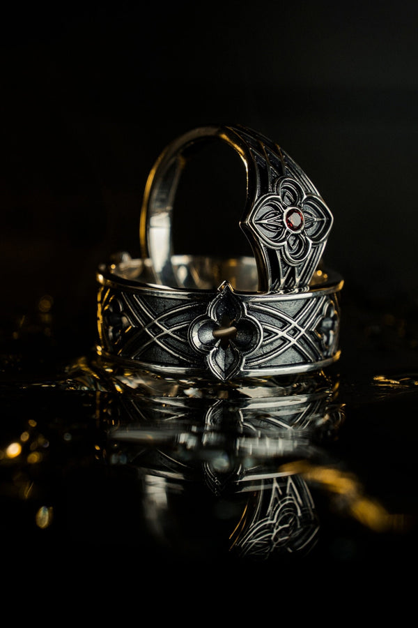 Gothic Interlace Wedding Rings in Sterling Silver – Sacred Knotwork Matching Bands with Rosette and Gemstone Detail