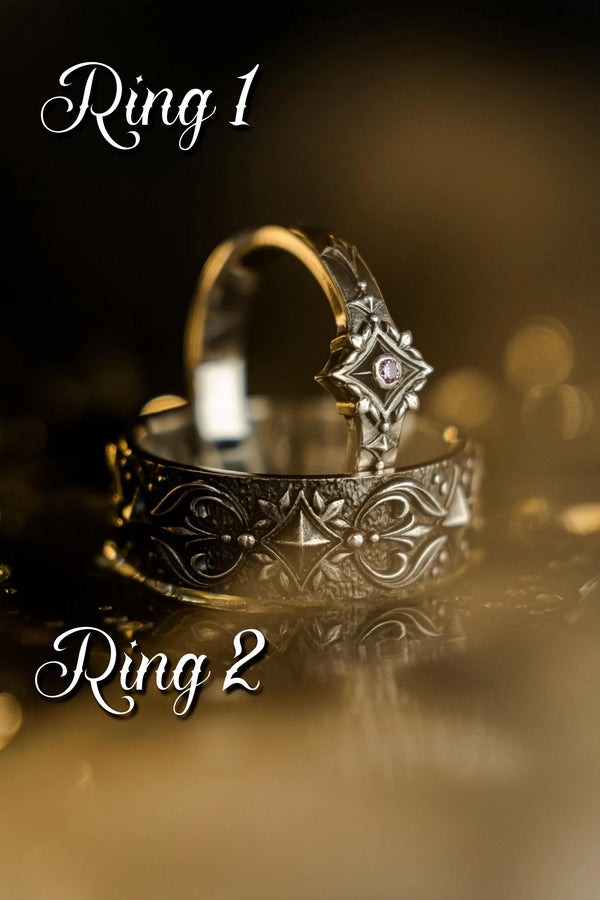 Gothic Sterling Silver Wedding Ring Set: Black Texture, Gemstone Accent __etsy:7424901857