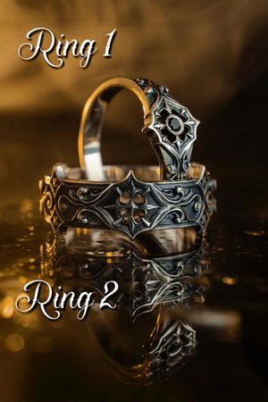 Sterling silver gothic wedding ring set
Custom gemstone gothic engagement rings
Matching medieval gothic silver bands
Handcrafted gothic couple wedding bands
Ornate gothic promise rings with stone
Gothic cathedral inspired rings set
Personalized medieval gemstone rings The Dark Star set is reimagined in 14k White Gold with Black Rhodium accents. The transformation creates an "Ice and Shadow" aesthetic.