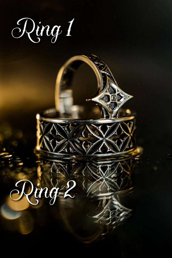 Gothic Sterling Silver Wedding Ring Set: Cathedral Medieval Jewelry