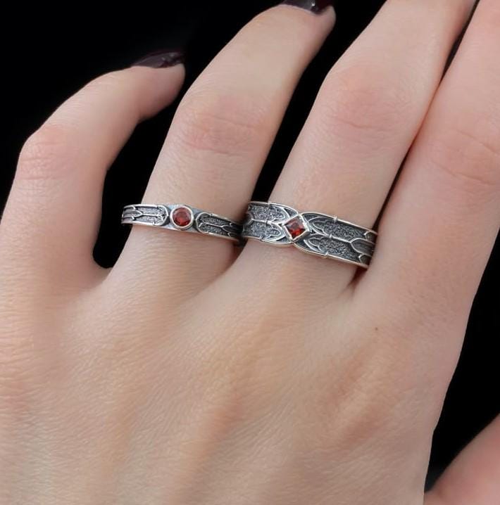 Gothic Sterling Silver Wedding Ring Set: Black Texture, Gemstone Accent __etsy:7424901857