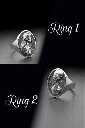Handmade alien couple rings for themed weddings

Matching extraterrestrial wedding rings

Custom engraved alien vow bands

Whimsical love rings for science fiction fans

Space couple wedding rings with bride and groom aliens

Alien and human love symbol rings

Nerd wedding ring set with sci-fi design

Alien art wedding rings in silver

Romantic cosmic couple rings with portrait detail

Sterling silver galactic bride and groom set