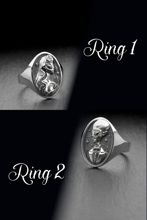 Sterling Silver Alien Wedding Rings Set, Unique Couples Jewelry, Cosmic Engagement Rings, Sci-Fi Lover Gift, Handmade Matching Rings
