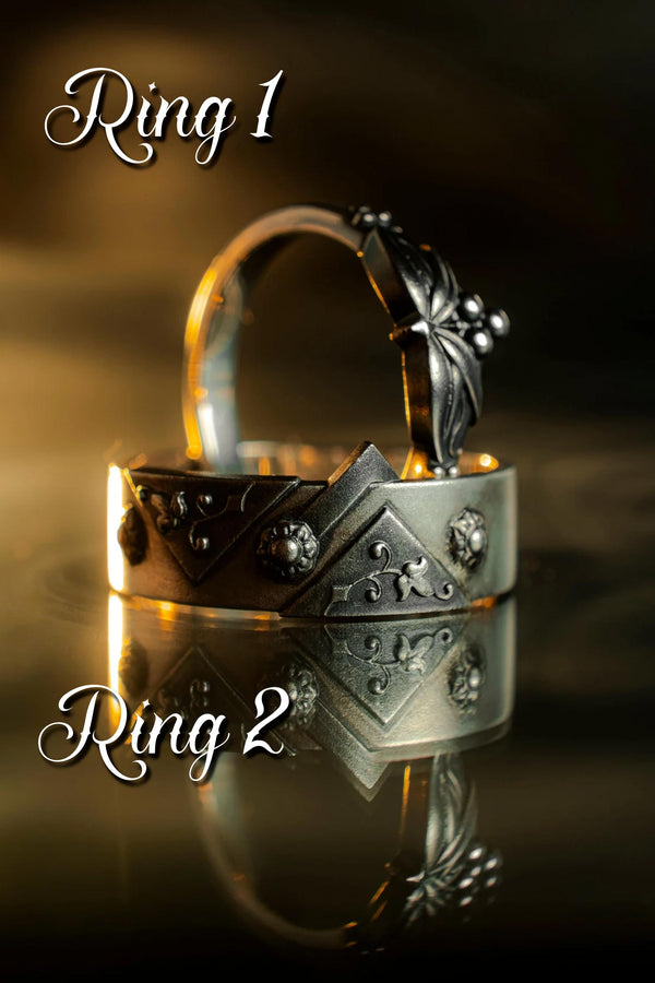Sterling Silver Gothic Wedding Ring Set: Floral Medieval Jewelry