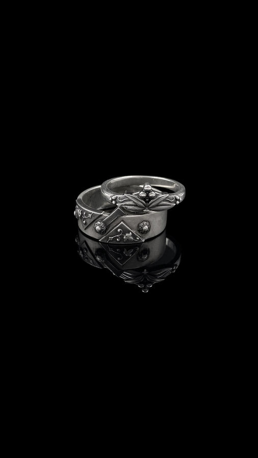 Sterling Silver Gothic Wedding Ring Set: Floral Medieval Jewelry