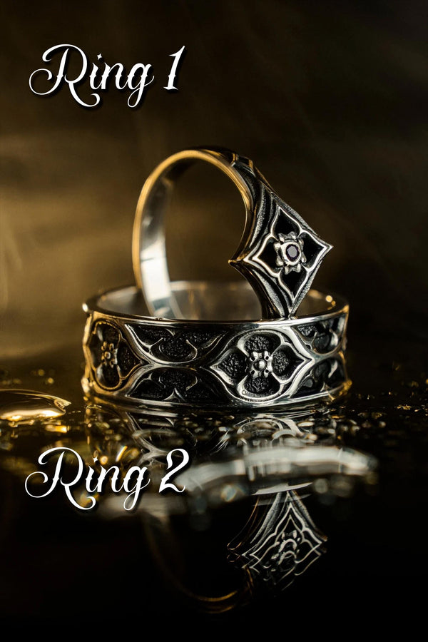 Gothic Sterling Silver Wedding Ring Set: Floral Gemstone Rosettes