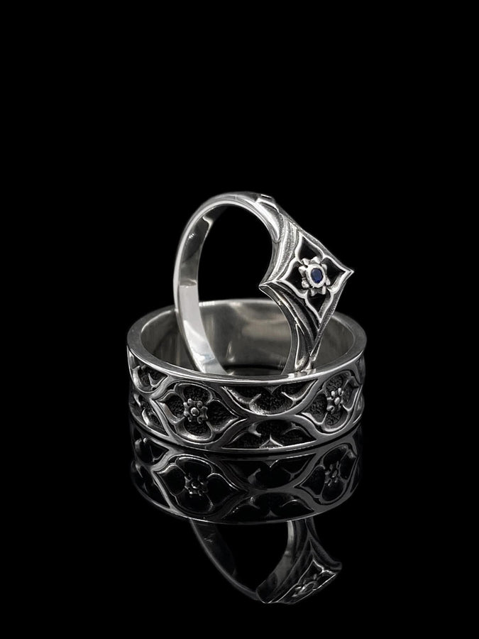 Gothic Sterling Silver Wedding Ring Set: Floral Gemstone Rosettes