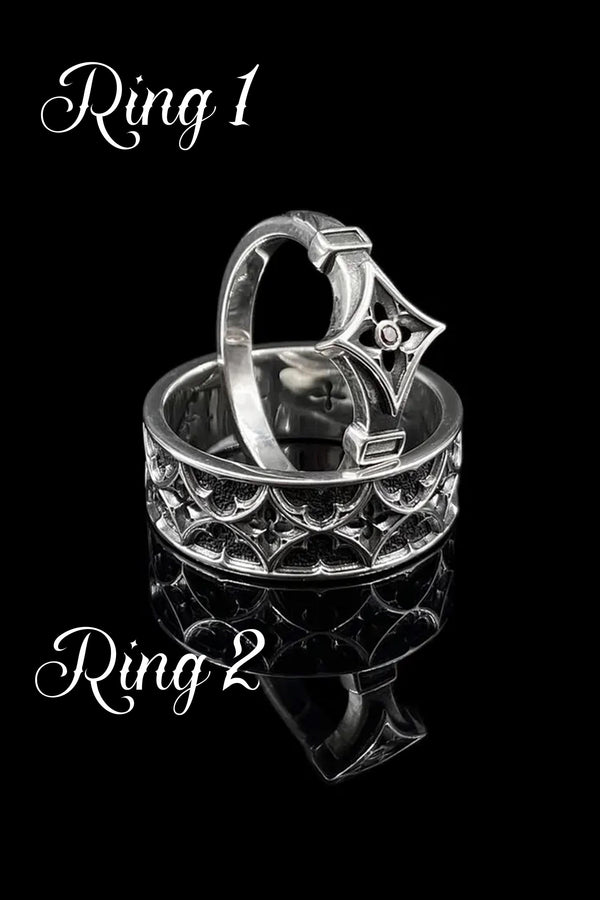 Gothic Sterling Silver Wedding Ring Set: Medieval Cathedral Jewelry