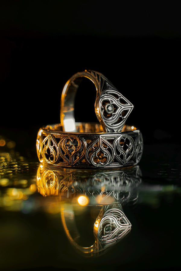 Gothic Flame Wedding Ring Set: Sterling Silver Black Gemstone Crown