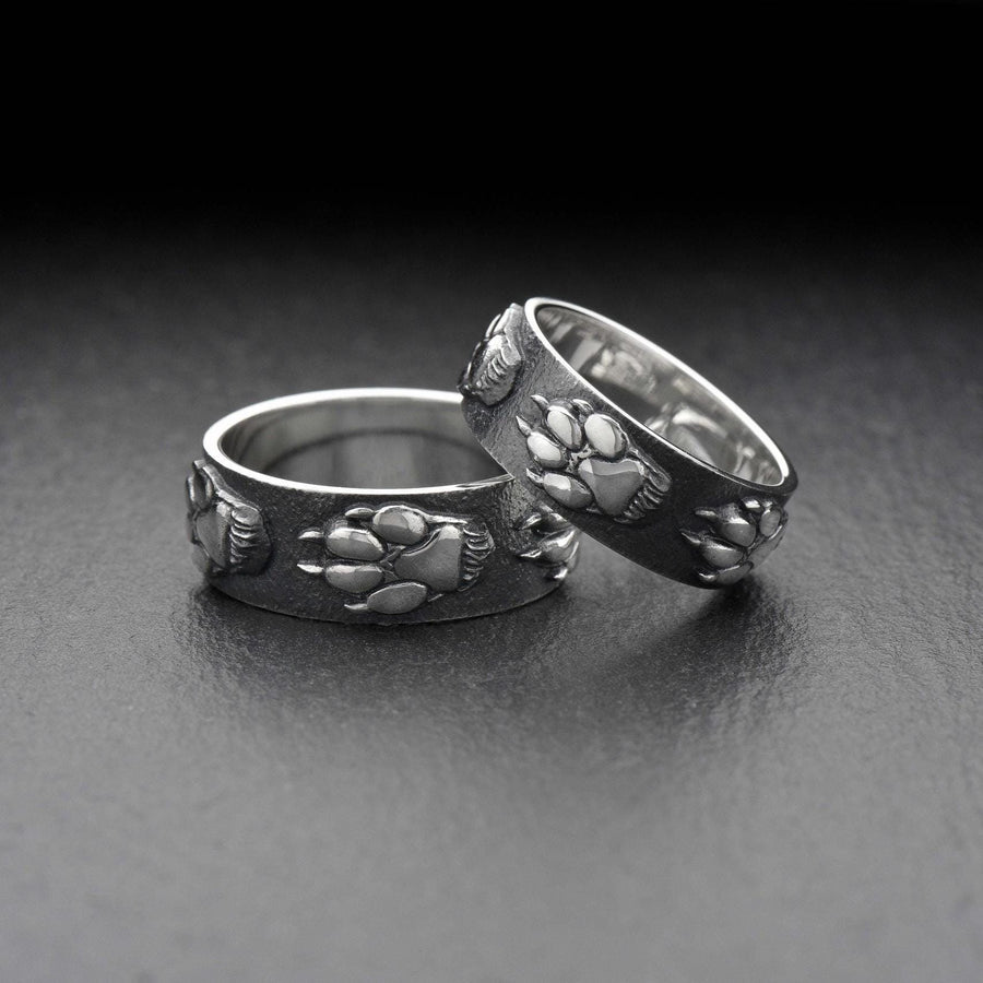 Sterling Silver Wolf Paw Wedding Rings: Animal Vow Bands