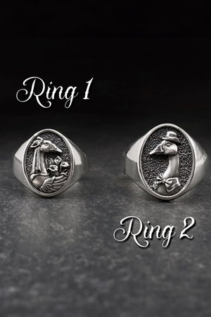 Animal-inspired wedding bands with humor

Sterling goose rings as anniversary gift

Whimsical bird signet rings for couples

Quirky and symbolic goose couple rings

Retro-style animal rings for love and devotion

Silver love rings featuring goose pair portraits

Vintage animal couple ring set in silver

Goose-themed silver rings for romantic ceremonies