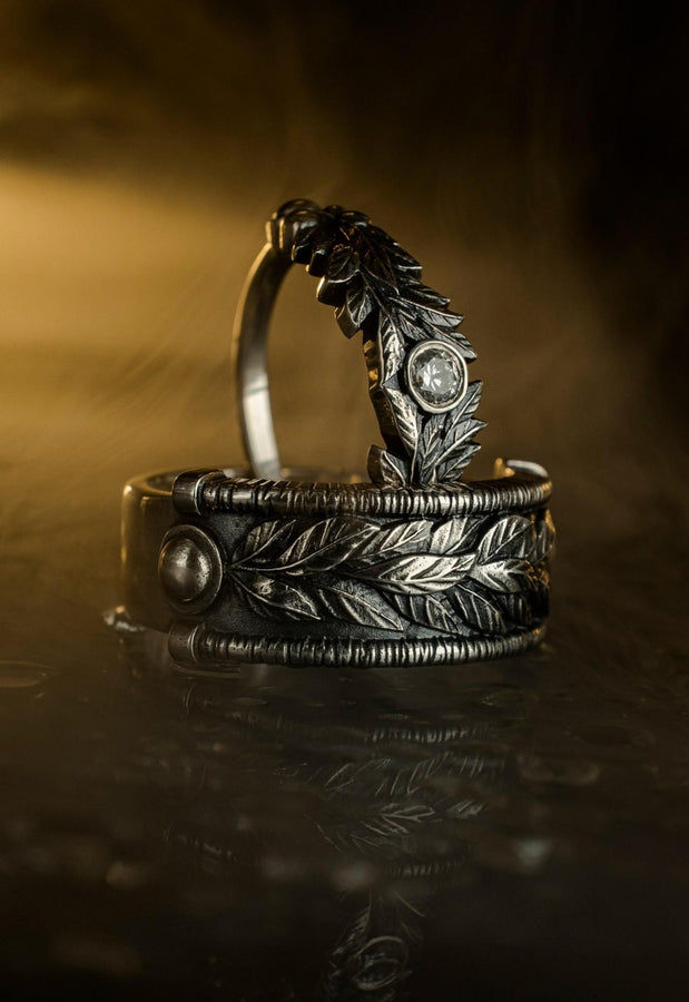 Gothic Sterling Silver Wedding Ring Set: Black Texture, Gemstone Accent __etsy:7424901857
