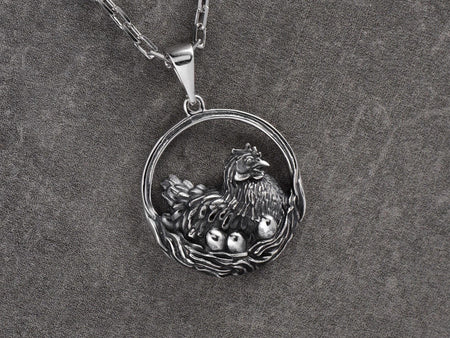 Sterling Silver Chicken Pendant Necklace: Hen and Eggs, Farm Animal Jewelry (etsy image id: 7000289398)
