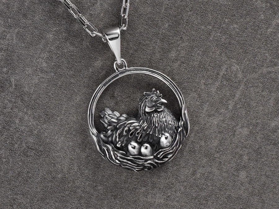Sterling Silver Chicken Pendant Necklace: Hen and Eggs, Farm Animal Jewelry (etsy image id: 7000289398)