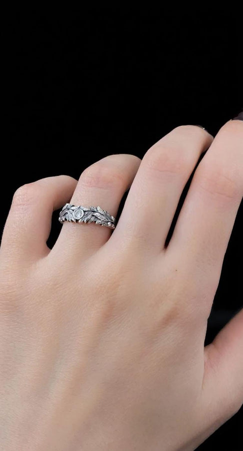 Gothic Sterling Silver Wedding Ring Set: Black Texture, Gemstone Accent __etsy:7424901857