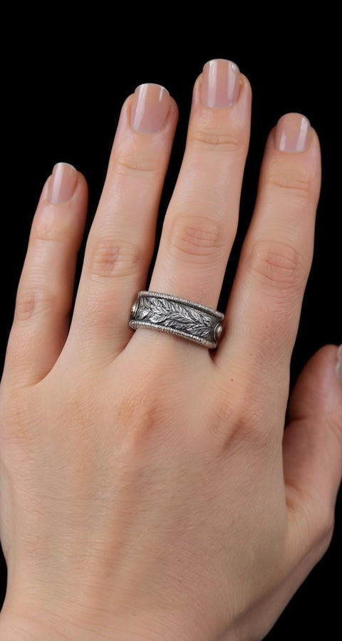 Gothic Sterling Silver Wedding Ring Set: Black Texture, Gemstone Accent __etsy:7424901857