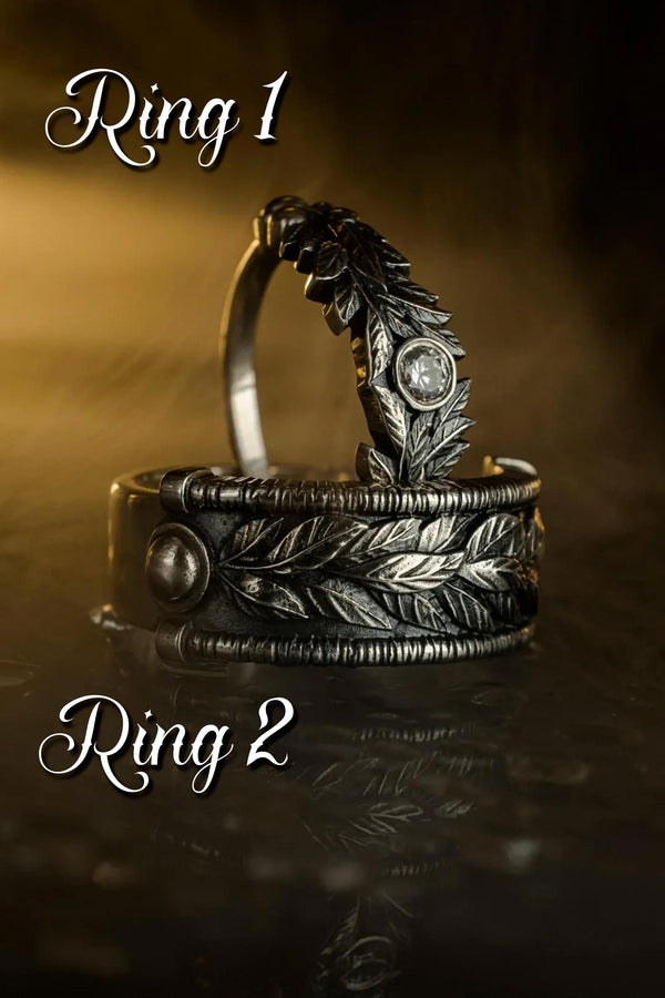 Gothic Sterling Silver Wedding Ring Set: Black Texture, Gemstone Accent __etsy:7424901857