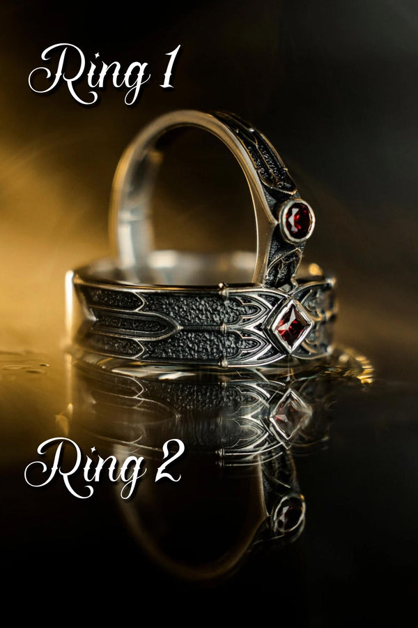 Gothic Sterling Silver Wedding Ring Set: Black Texture, Gemstone Accent __etsy:7424901857