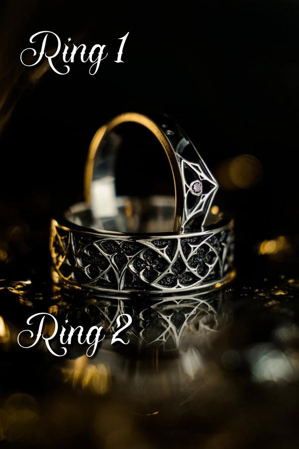 Gothic Sterling Silver Wedding Ring Set: Black Texture, Gemstone Accent __etsy:7424901857