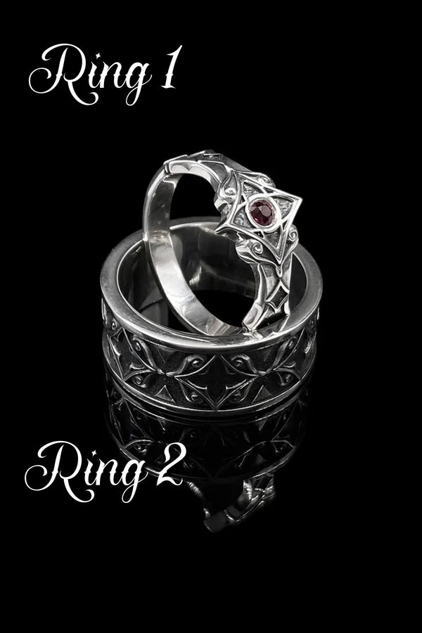 Gothic Sterling Silver Wedding Ring Set: Black Texture, Gemstone Accent __etsy:7424901857