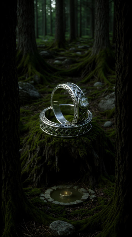A warm, atmospheric shot of a matching wedding ring set. The engagement ring stands upright, showcasing a round white gemstone in a bezel setting. Lying flat beneath it is a matching wide band without a stone. Both rings share a cohesive design: a central diagonal "basket weave" pattern flanked by twisted rope borders. The silver is oxidized to reveal the intricate texture of the weave.