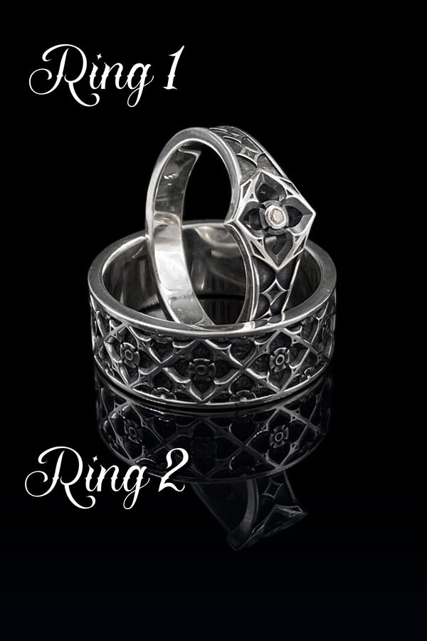 Gothic Cathedral Wedding Ring Set: Sterling Silver Sacred Geometry Jewelry