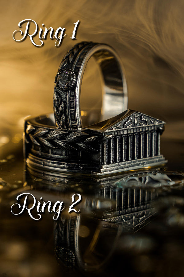 Sterling Silver Laurel Wreath Wedding Ring Set - Ancient Greek Temple Design