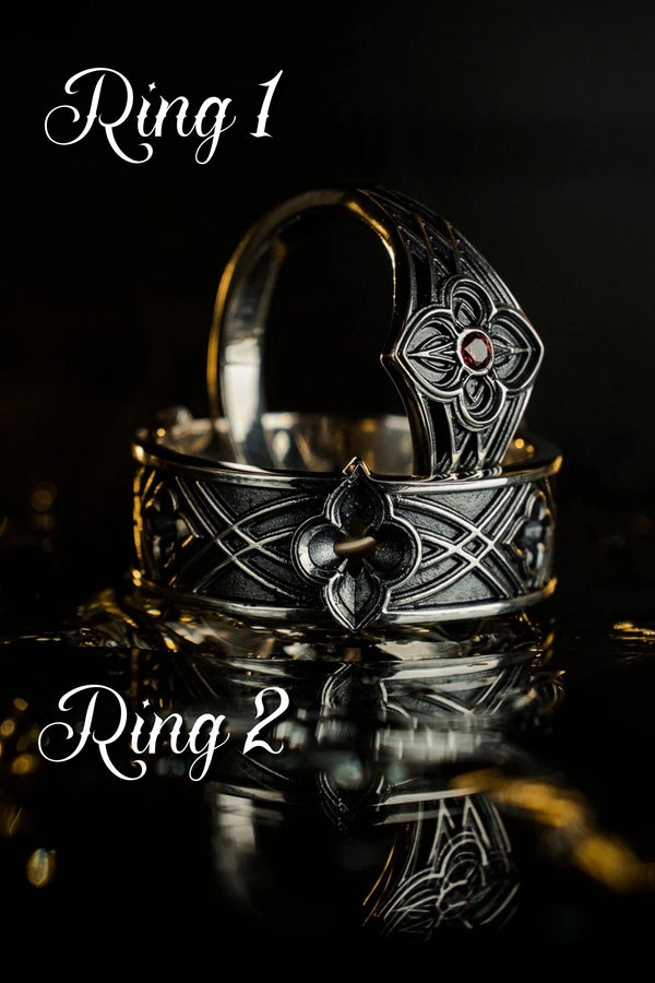 Gothic Interlace Wedding Rings in Sterling Silver – Sacred Knotwork Matching Bands with Rosette and Gemstone Detail