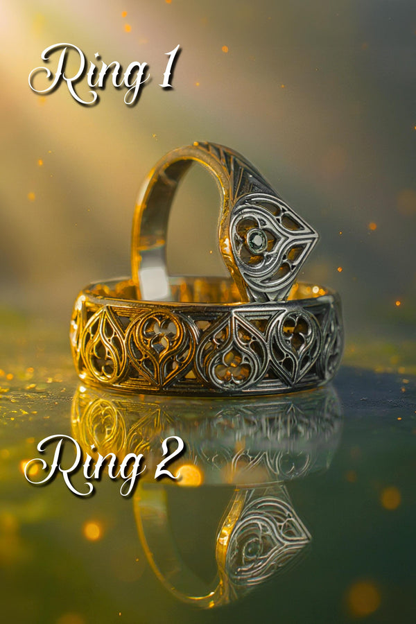 Gothic Flame Wedding Ring Set: Sterling Silver Black Gemstone Crown