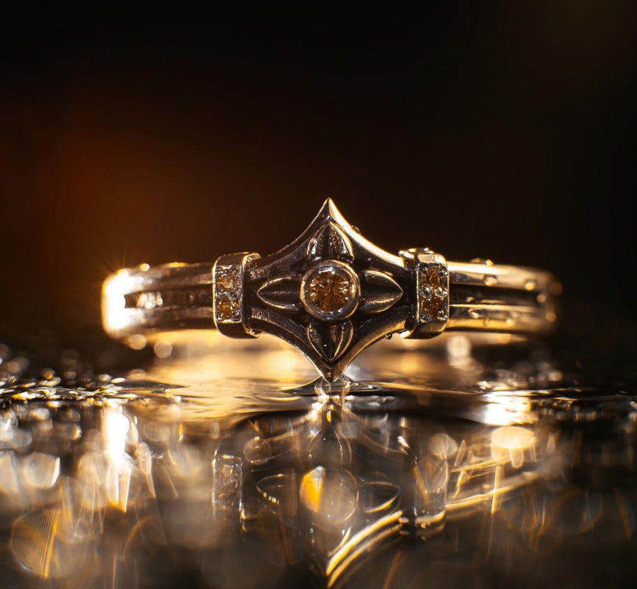 Bathed in soft, romantic light against elegant white silk, this alternative bridal set perfectly balances dark gothic architecture with traditional wedding luxury. The rings evoke a mysterious, dark academia atmosphere, capturing the timeless beauty of ancient stone cathedrals and eternal devotion. Designed for modern couples who appreciate history and non-traditional aesthetics, this matching wedding set is a profound symbol of a love story root (etsy image id: 7928015292)