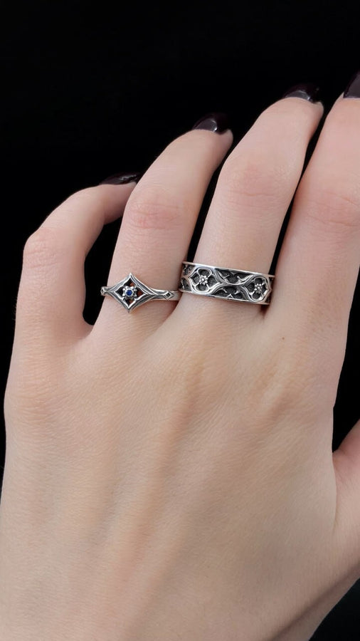 Gothic Sterling Silver Wedding Ring Set: Floral Gemstone Rosettes