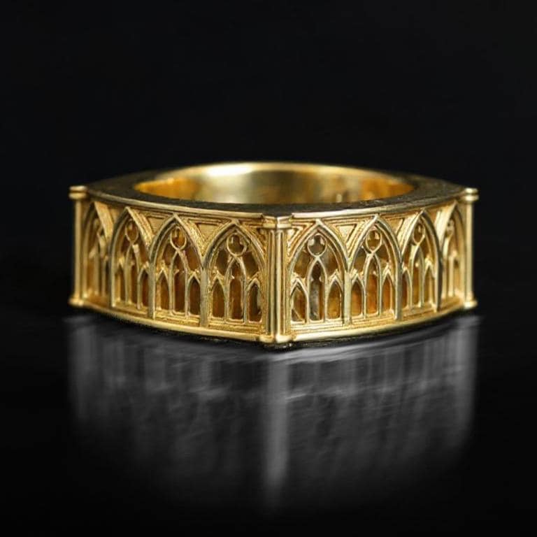 Defend your realm with this architectural fortress ring. Distinctive for its soft-square outer profile, this sterling silver band features a continuous cloister of Gothic arches anchored by robust corner buttresses. The geometric design mimics the stone ramparts of a medieval castle. Heavily oxidized to reveal the depth of the masonry, it is a symbol of unshakeable strength and structure. A bold statement for the guardian of history. (etsy image id: 7450412634)