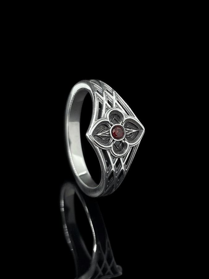 Gothic Interlace Wedding Rings in Sterling Silver – Sacred Knotwork Matching Bands with Rosette and Gemstone Detail