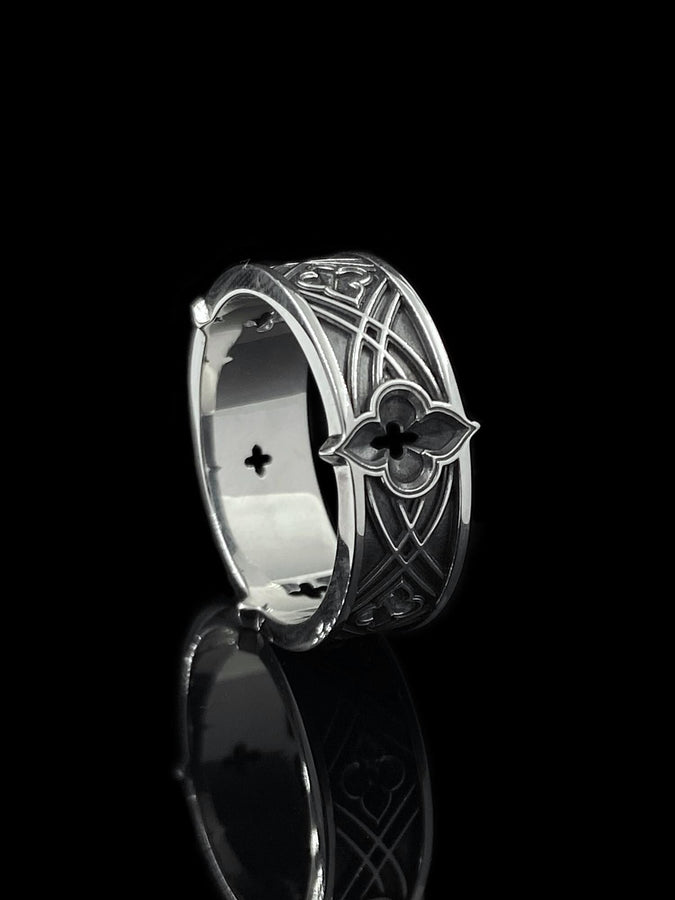 Gothic Interlace Wedding Rings in Sterling Silver – Sacred Knotwork Matching Bands with Rosette and Gemstone Detail