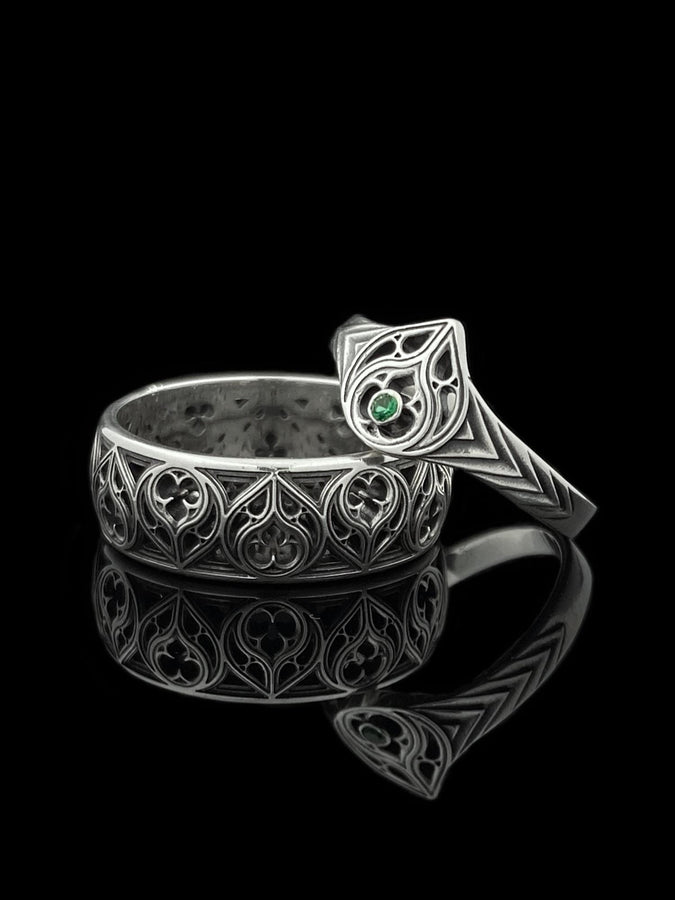 Gothic Flame Wedding Ring Set: Sterling Silver Black Gemstone Crown