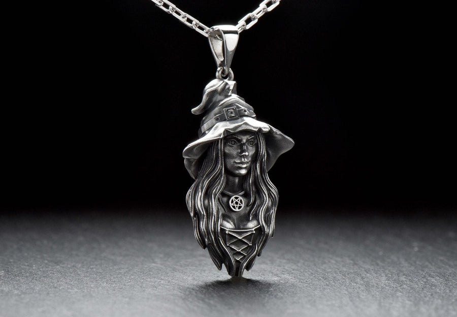 Sterling Silver Witch Pendant Necklace: Gothic Wiccan Jewelry