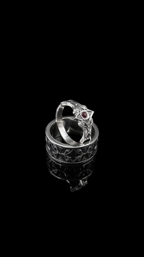 Sterling Silver Gothic Ring, Handcrafted Gemstone Band with Medieval Elegance, Unique Wedding Ring or Gift, Gothic Heritage Elegant Gift, The image highlights the contrast between the gemstone and the metal. The red stone has a deep, bloody saturation that catches the light. The 925 sterling silver has a vintage, oxidized finish, giving it the appearance of an ancient artifact rather than a brand-new factory piece. The metalwork looks delicate bu (etsy image id: 7102074108)