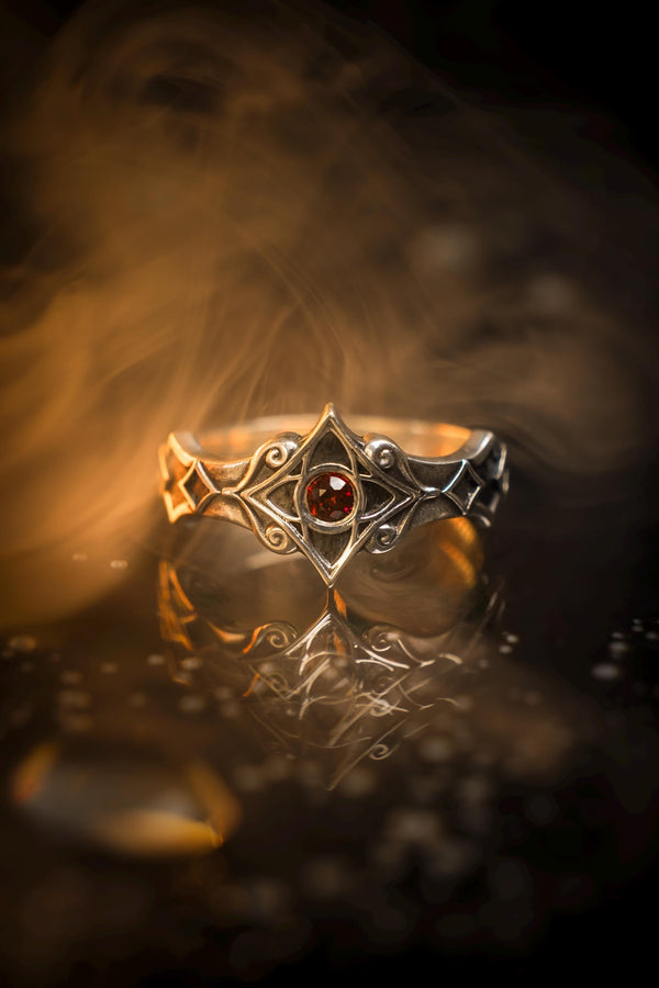 Sterling Silver Gothic Ring, Handcrafted Gemstone Band with Medieval Elegance, Unique Wedding Ring or Gift, Gothic Heritage Elegant Gift, The image highlights the contrast between the gemstone and the metal. The red stone has a deep, bloody saturation that catches the light. The 925 sterling silver has a vintage, oxidized finish, giving it the appearance of an ancient artifact rather than a brand-new factory piece. The metalwork looks delicate bu (etsy image id: 7102074108)