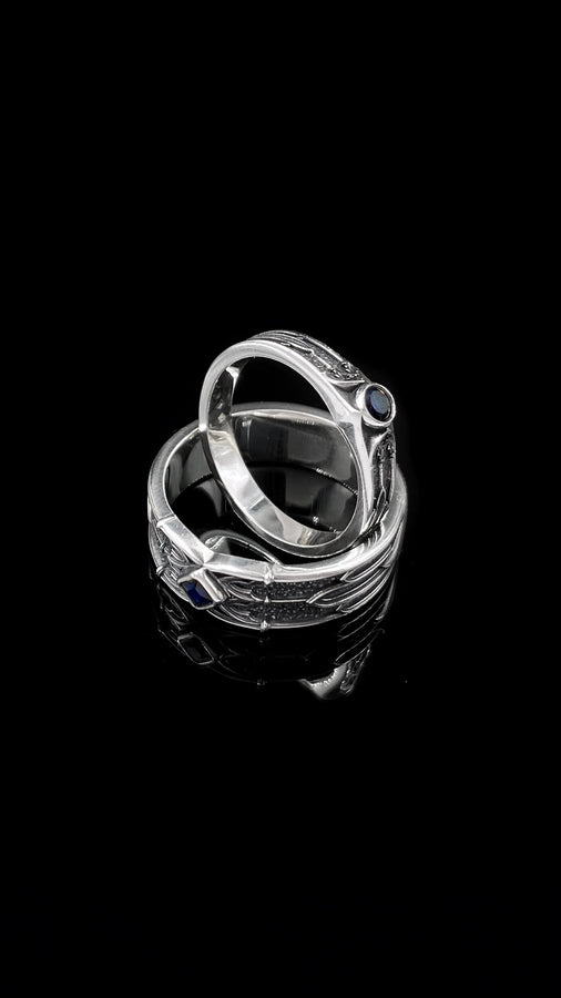 Gothic Sterling Silver Wedding Ring Set: Black Texture, Gemstone Accent __etsy:7424901857