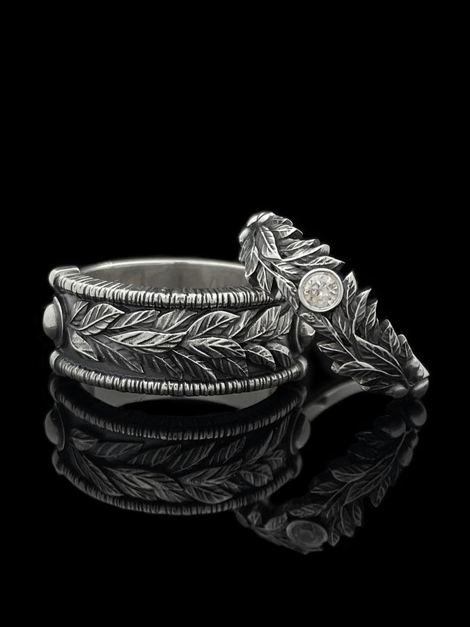 Gothic Sterling Silver Wedding Ring Set: Black Texture, Gemstone Accent __etsy:7424901857