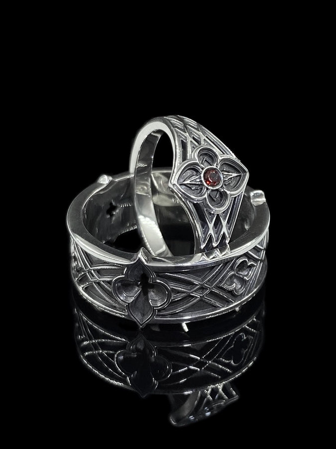 Gothic Interlace Wedding Rings in Sterling Silver – Sacred Knotwork Matching Bands with Rosette and Gemstone Detail