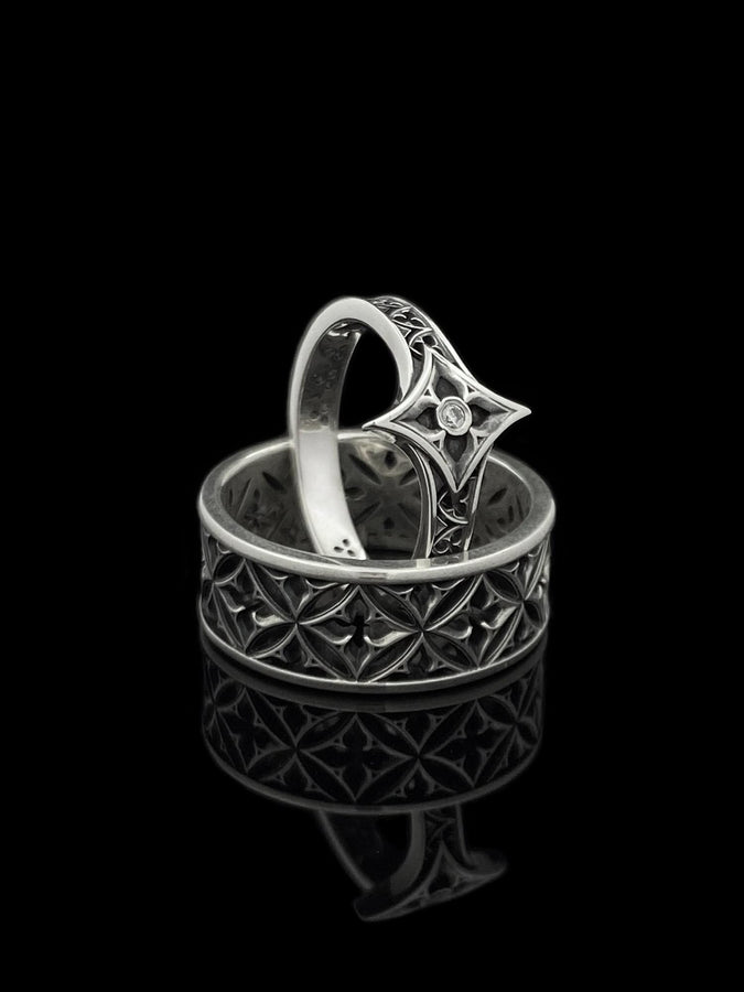 Gothic Sterling Silver Wedding Ring Set: Cathedral Medieval Jewelry