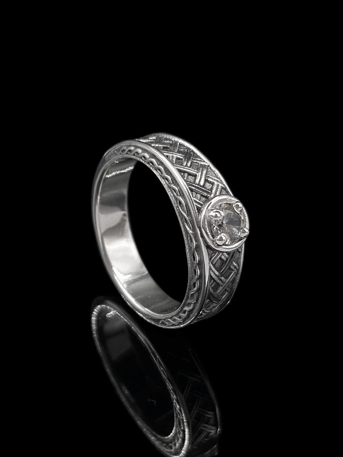 Sterling Silver Celtic Ring with White Gemstone, Viking Braid Band, Handmade Gothic Ring, Norse Engagement or Spiritual Statement Ring (etsy image id: 7190804447)