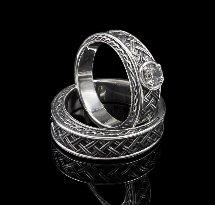 Sterling Silver Celtic Ring with White Gemstone, Viking Braid Band, Handmade Gothic Ring, Norse Engagement or Spiritual Statement Ring (etsy image id: 7190804447)