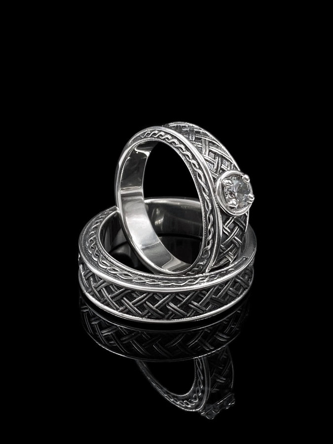 Sterling Silver Celtic Ring with White Gemstone, Viking Braid Band, Handmade Gothic Ring, Norse Engagement or Spiritual Statement Ring (etsy image id: 7190804447)