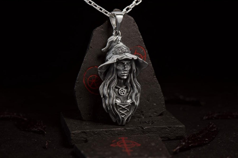 Sterling Silver Witch Pendant Necklace: Gothic Wiccan Jewelry