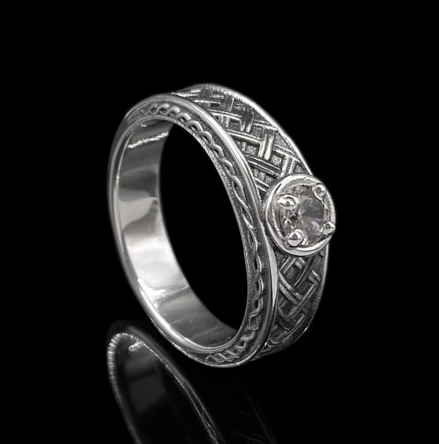 Sterling Silver Celtic Ring with White Gemstone, Viking Braid Band, Handmade Gothic Ring, Norse Engagement or Spiritual Statement Ring (etsy image id: 7190804447)