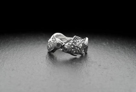 Sterling Silver Pisces Fish Ring, Zodiac Astrology Jewelry, Oxidized Sea Creature Band